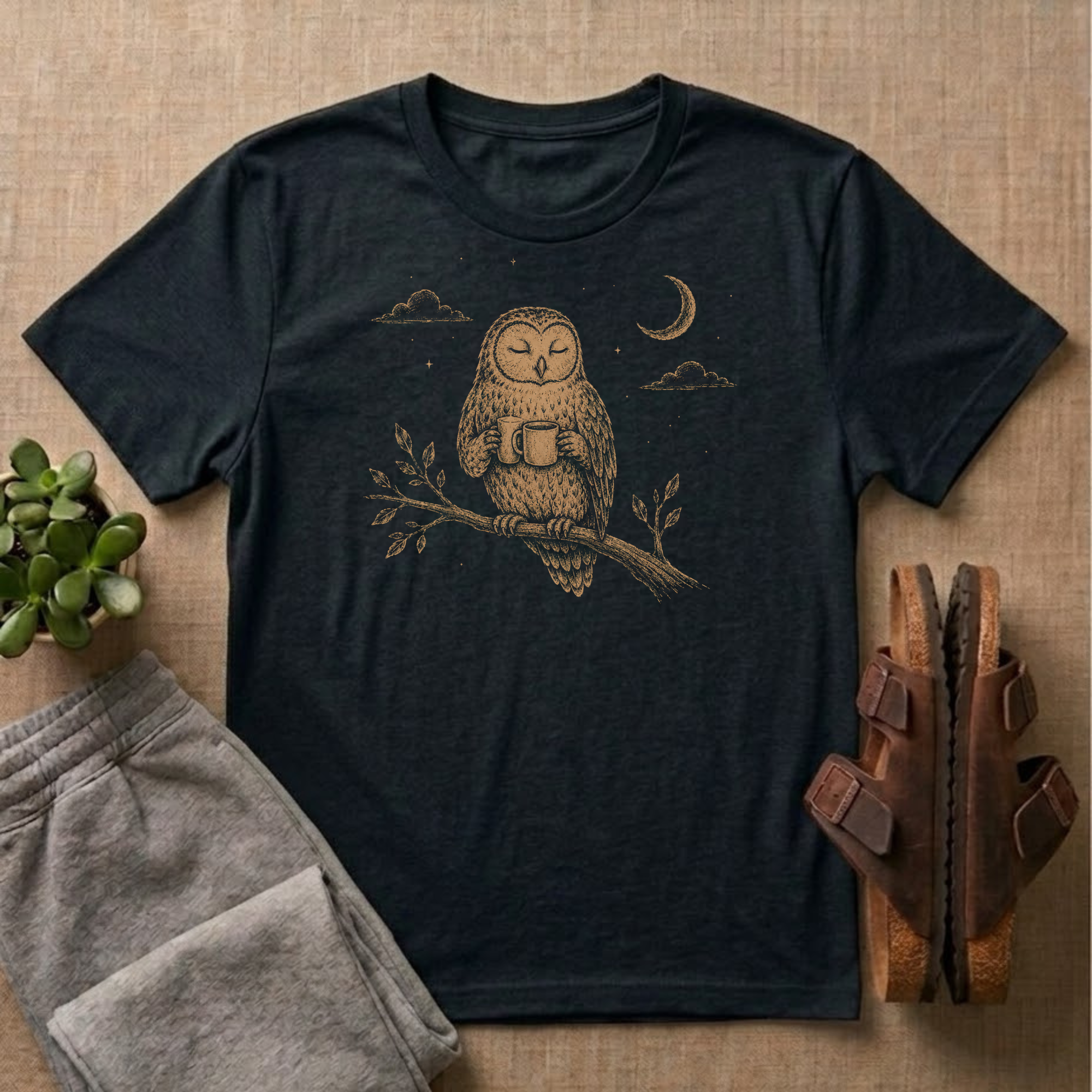 Owl Drinking Coffee T-Shirt