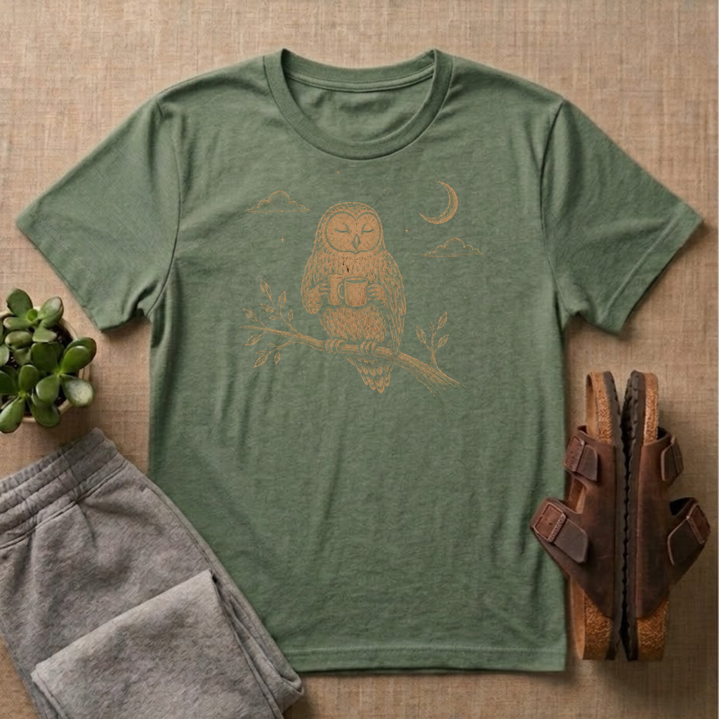 Owl Drinking Coffee T-Shirt