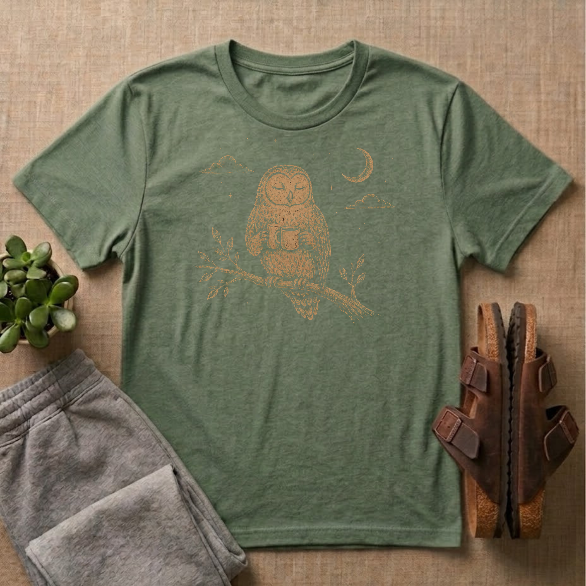 Owl Drinking Coffee T-Shirt