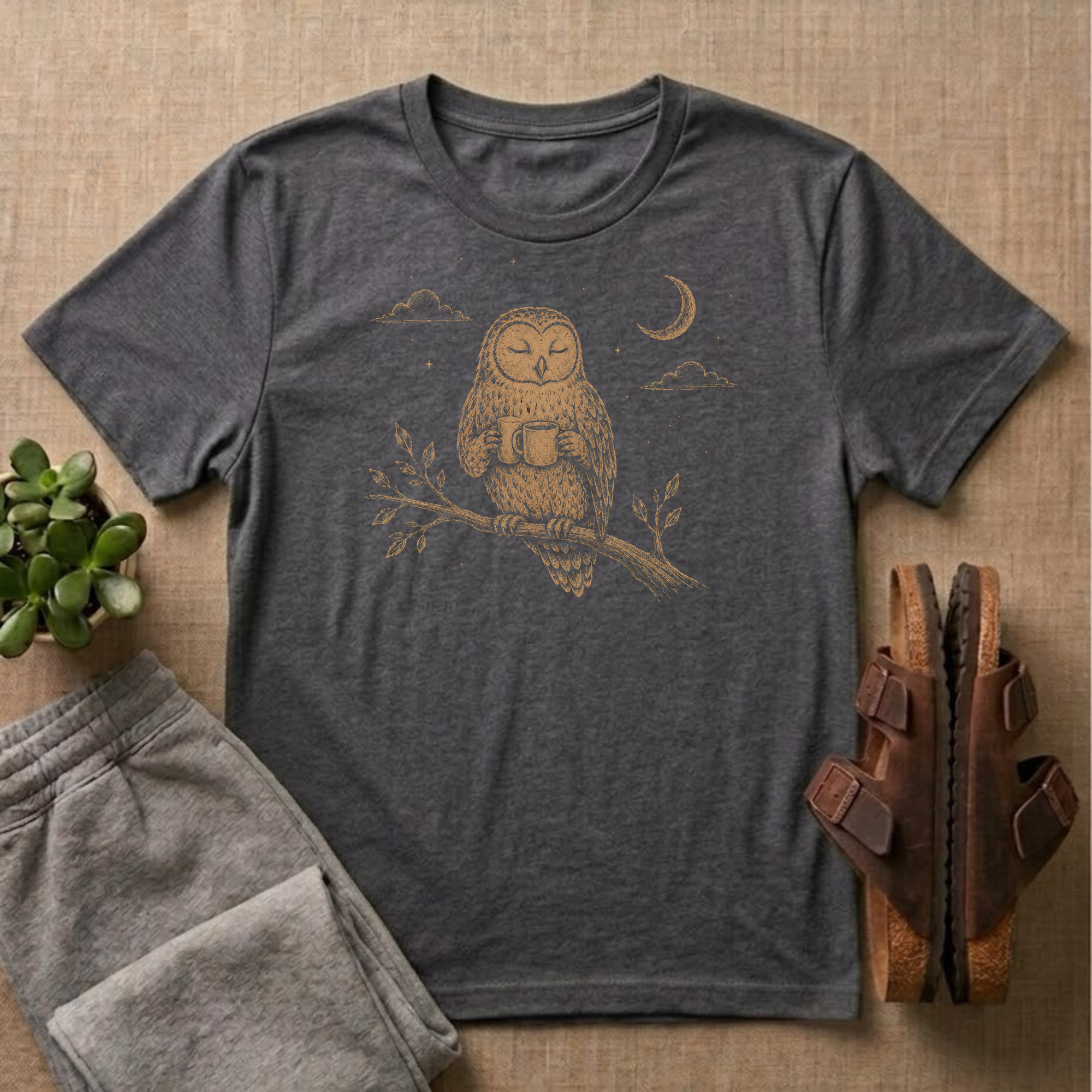 Owl Drinking Coffee T-Shirt