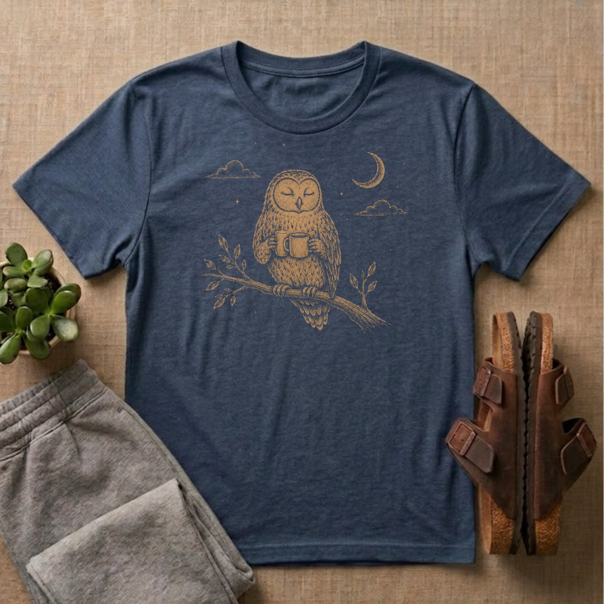 Owl Drinking Coffee T-Shirt